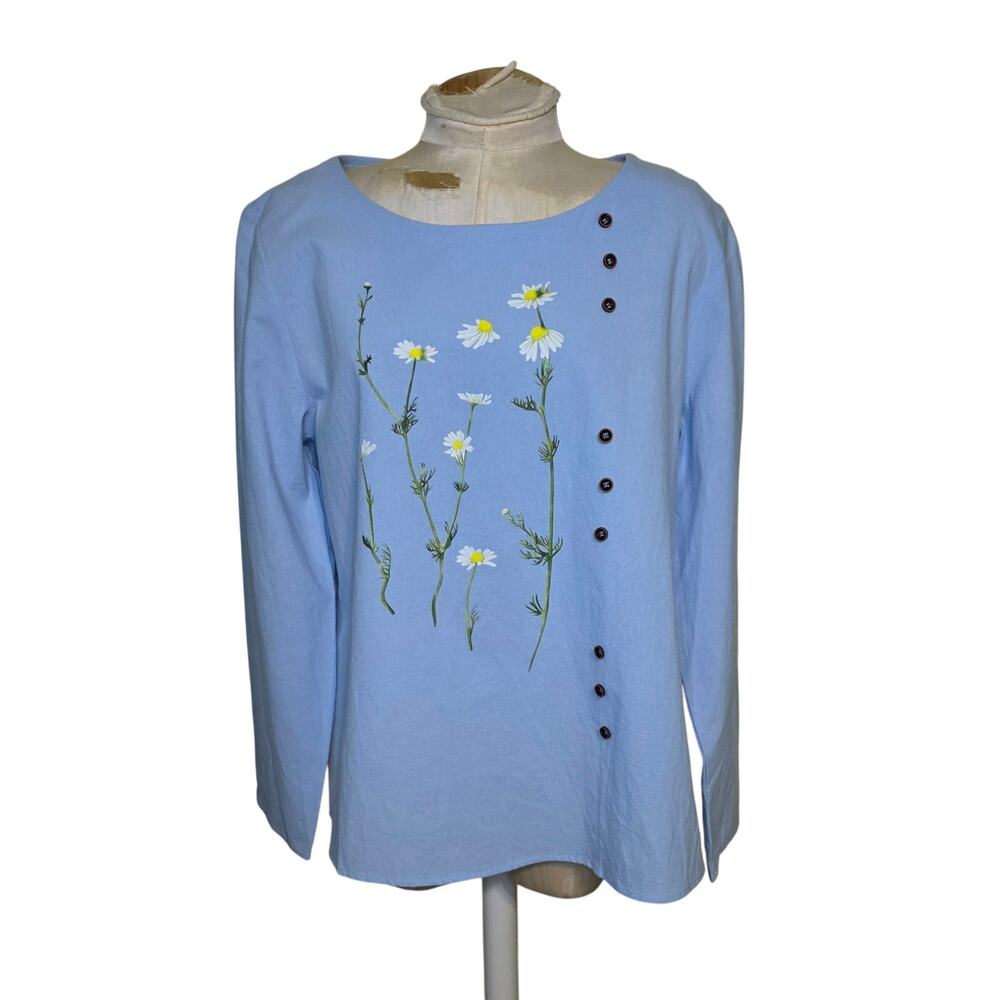 Noracora Blue Cotton Top with Daisies and Buttons Long Sleeve Top Size XL NWT